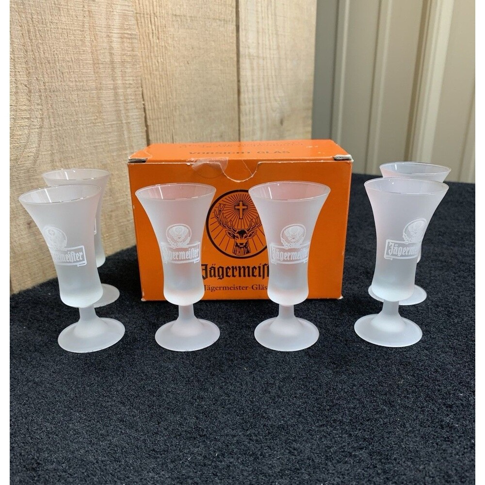 Jagermeister 2CL Shot Glass Set Of 6 Frosted Stemmed Cordial Footed B8